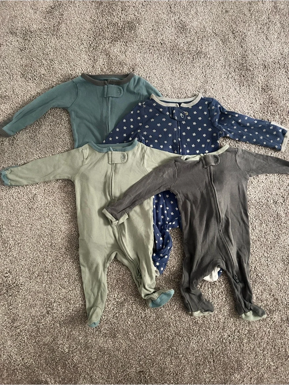 Kids One-Piece Sleepers - Blue, Green, Gray - Pack of 4